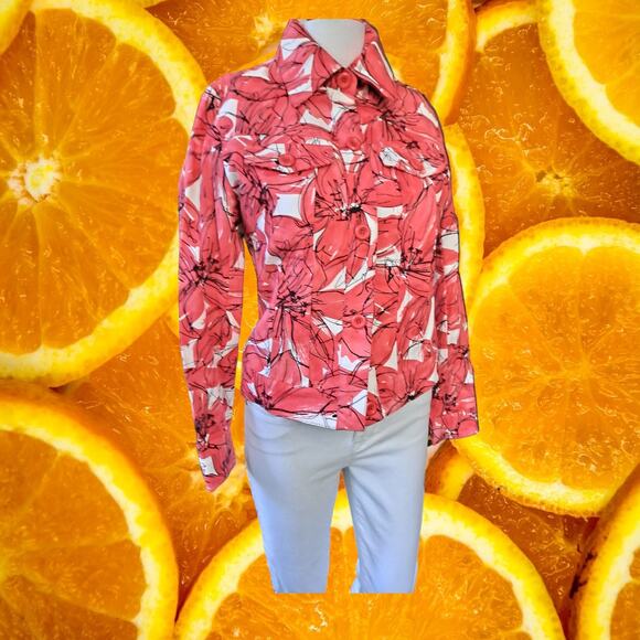 Rafaella Petites White with Red‎ Flowers Button Up Fitted Blouse Size Small - Picture 1 of 7